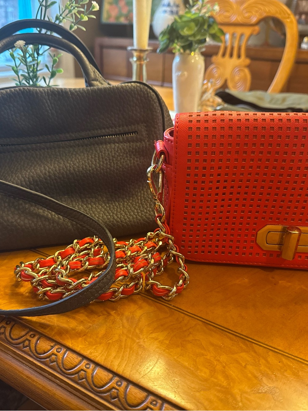 Orange Perforated Chain Crossbody Bag